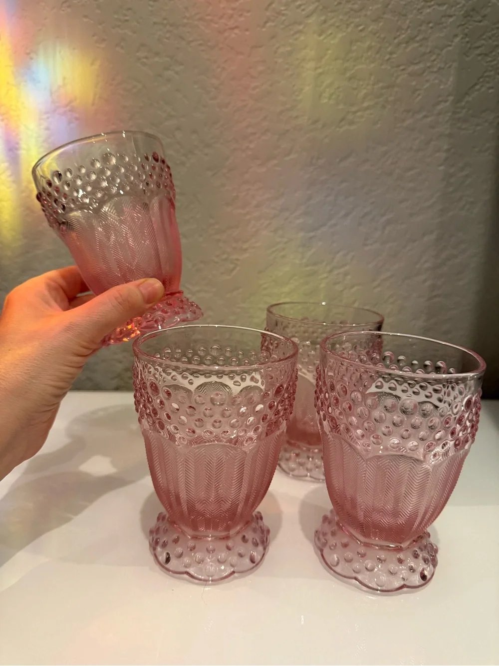 Gorham Crystal Emily's Attic Pink Hobnail Goblets 5’Italy~4 Pc Set excllent cond